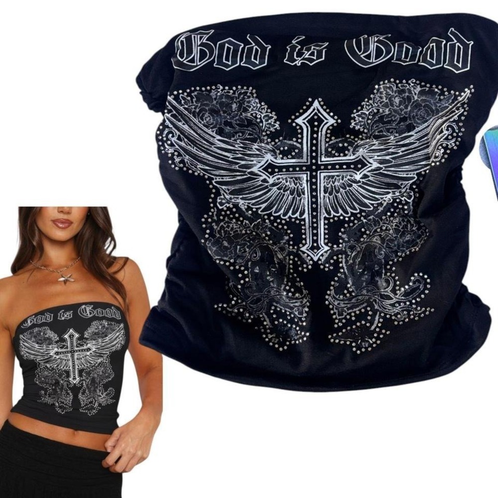 Y2K RHINESTONE‎ CROSS ANGEL WINGS GOD IS GOOD BLING BLACK TUBE TOP SMALL NWT - Picture 2 of 4